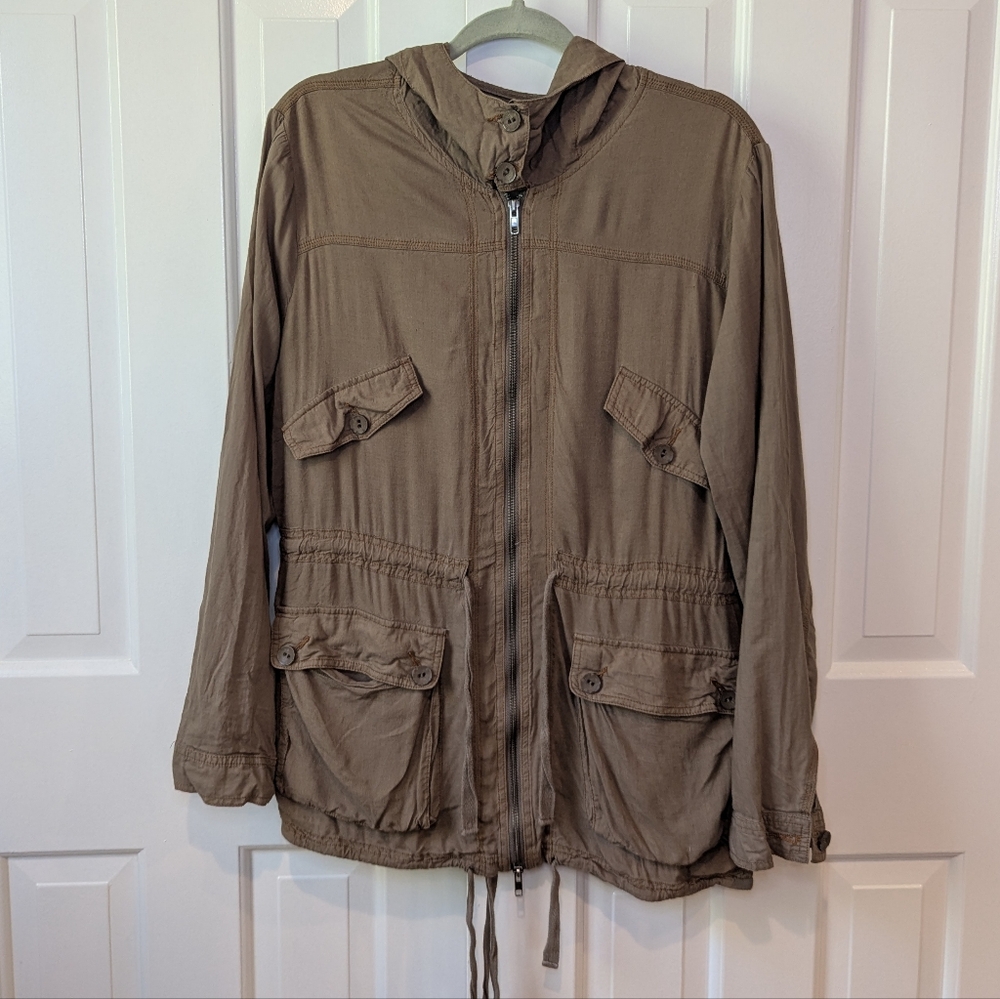 Monoreno Taupe Zip Up Hooded Utility Jacket‎ Large Pocket Lightweight Linen